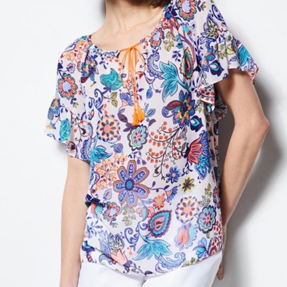 MILLY for DesigNation Boho Floral Peasant Top - Picture 6 of 12